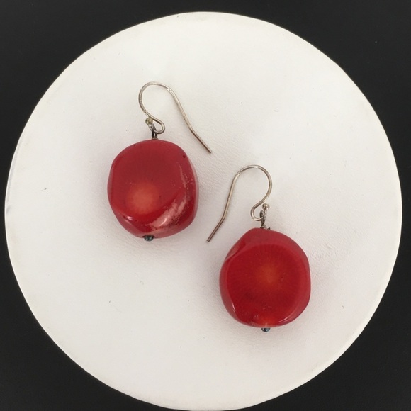 Chunky Red Coral Earrings Western Drop Hook Stone Boho Statement - Picture 1 of 6